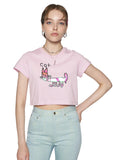 レイブレス(LABELESS)  PINK REFLECTIVE CAT CROPPED T-SHIRT