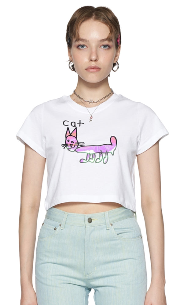 レイブレス(LABELESS)  WHITE REFLECTIVE CAT CROPPED T-SHIRT