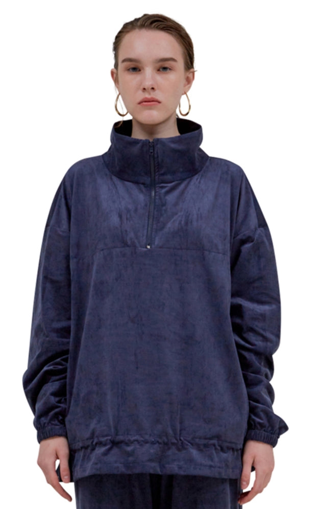 レイブレス(LABELESS)  NAVY CORDED SUEDE HALF ZIP UP