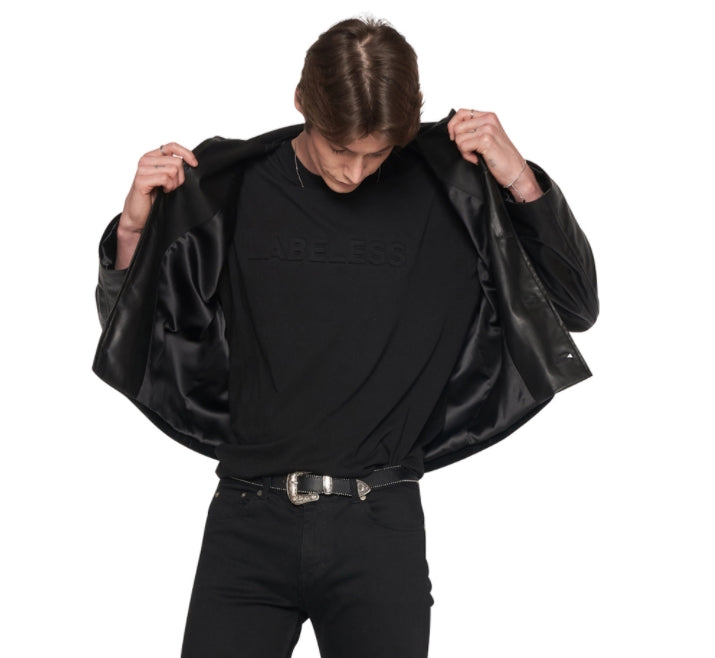 レイブレス(LABELESS)  FAUX LEATHER LOGO EMBOSS JACKET