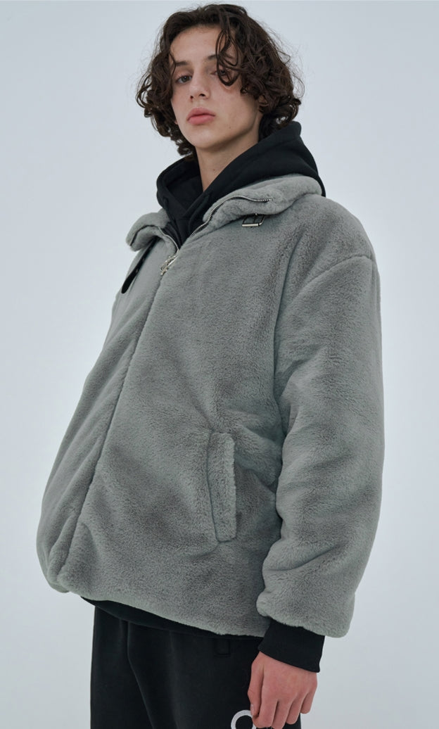 オーワイ(OY) 	BOTH ZIPPER UNBALANCE LOGO FUR JACKET-KHAKI