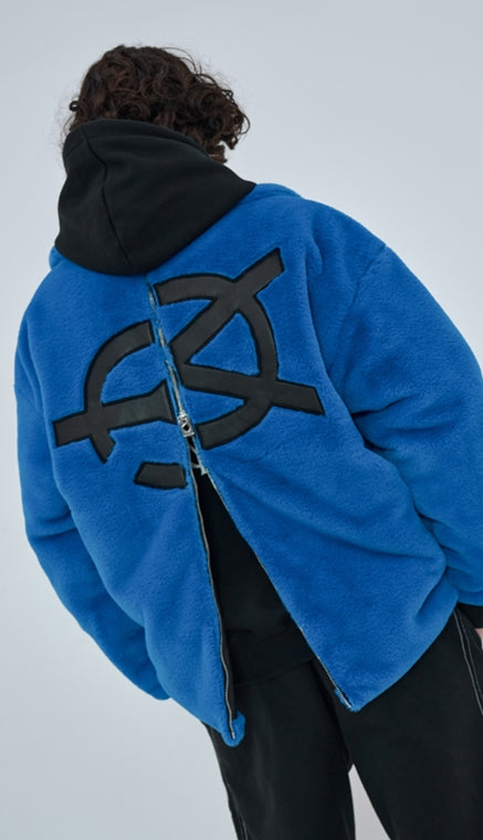 オーワイ(OY) 	BOTH ZIPPER UNBALANCE LOGO FUR JACKET-BLUE