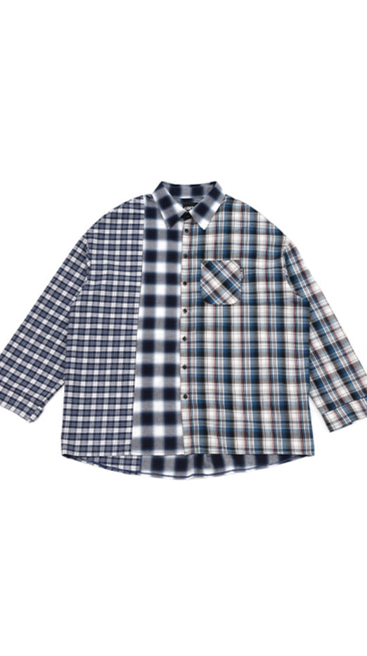 アジョバイアジョ（AJOBYAJO) Over Check Mixed Shirt [Blue]