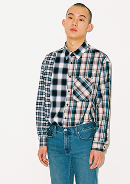 アジョバイアジョ（AJOBYAJO) Over Check Mixed Shirt [Blue]