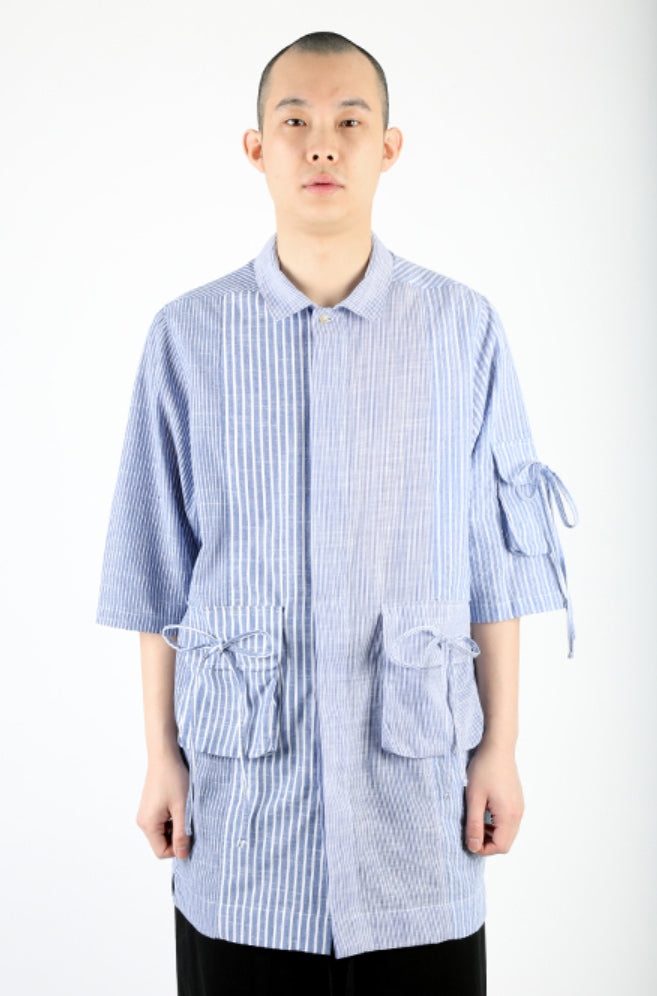 アジョバイアジョ（AJOBYAJO) Tri Pockets Stripe Mixed Shirt [Blue]