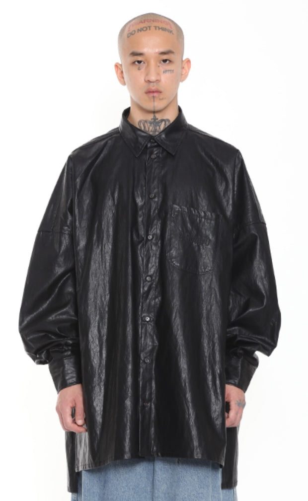 アジョバイアジョ（AJOBYAJO) Oversized Vintage Fake Leather Shirt [Black]