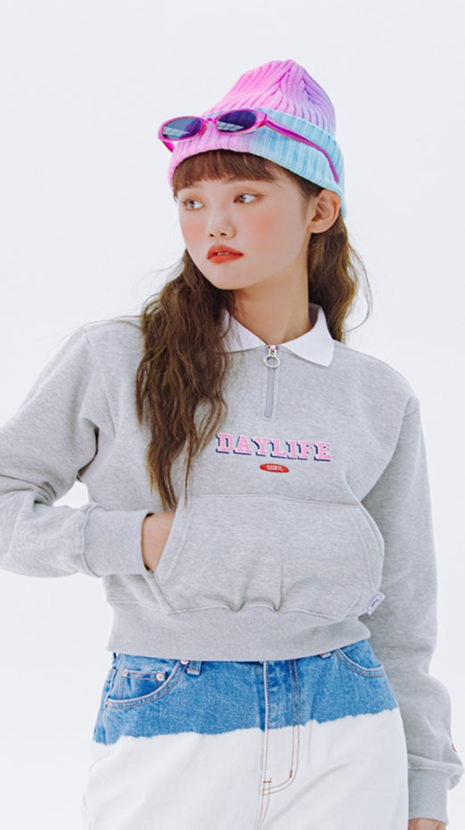 デイライフ(Daylife)  Daylife Collar cropped sweatshirt (GREY)