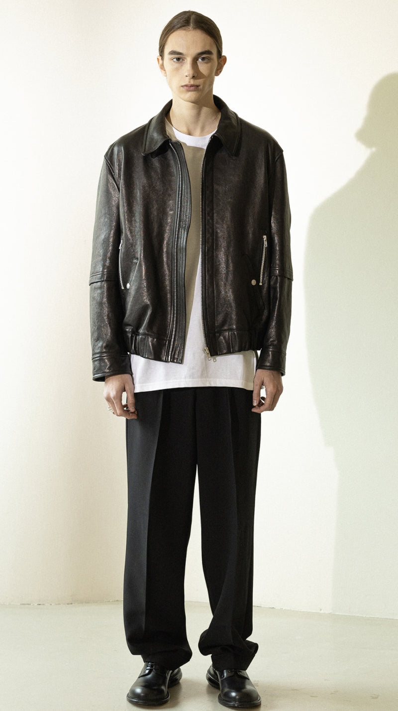 マスノウン(MASSNOUN)   LAMBSKIN VEGETABLE DOUBLE POCKET BLOUSON MFZJK003-BK