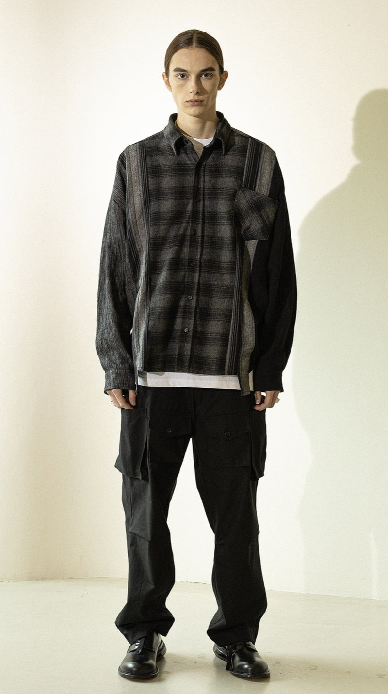マスノウン(MASSNOUN)  MULTI CHECK OVERSIZED SHIRTS MFZST002-BK