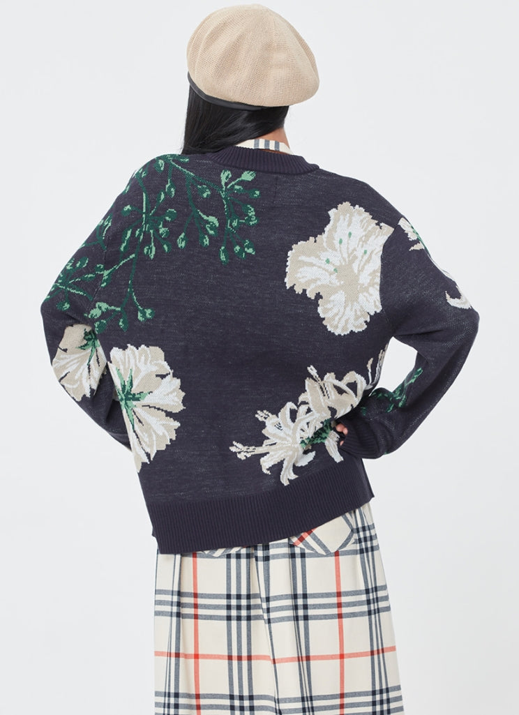 ロマンティッククラウン(ROMANTIC CROWN) FLOWERS KNIT CARDIGAN_NAVY