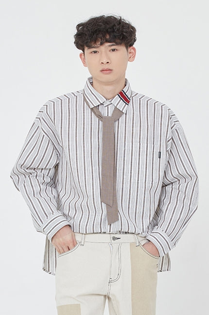ロマンティッククラウン(ROMANTIC CROWN) PIN STRIPED TIE SHIRT_BROWN