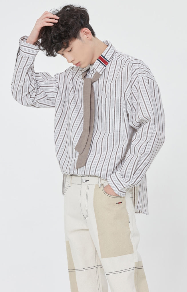 ロマンティッククラウン(ROMANTIC CROWN) PIN STRIPED TIE SHIRT_BROWN
