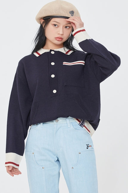 ロマンティッククラウン(ROMANTIC CROWN)  BUTTON UP KNIT SWEATER_NAVY