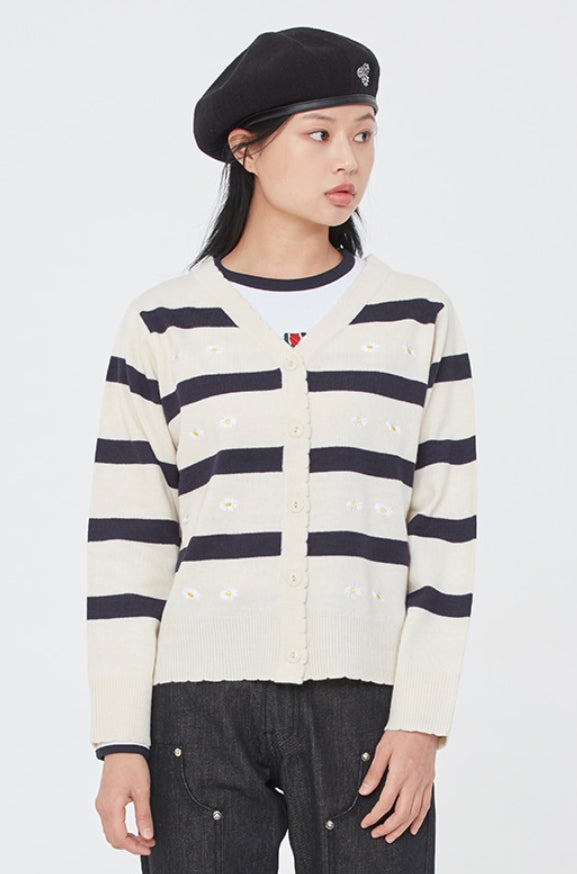 ロマンティッククラウン(ROMANTIC CROWN) STRIPE FRILL KNIT CARDIGAN_OATMEAL