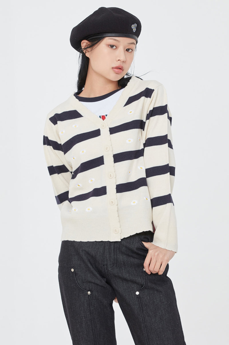ロマンティッククラウン(ROMANTIC CROWN) STRIPE FRILL KNIT CARDIGAN_OATMEAL