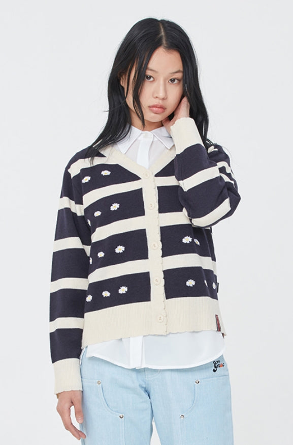 ロマンティッククラウン(ROMANTIC CROWN) STRIPE FRILL KNIT CARDIGAN_NAVY