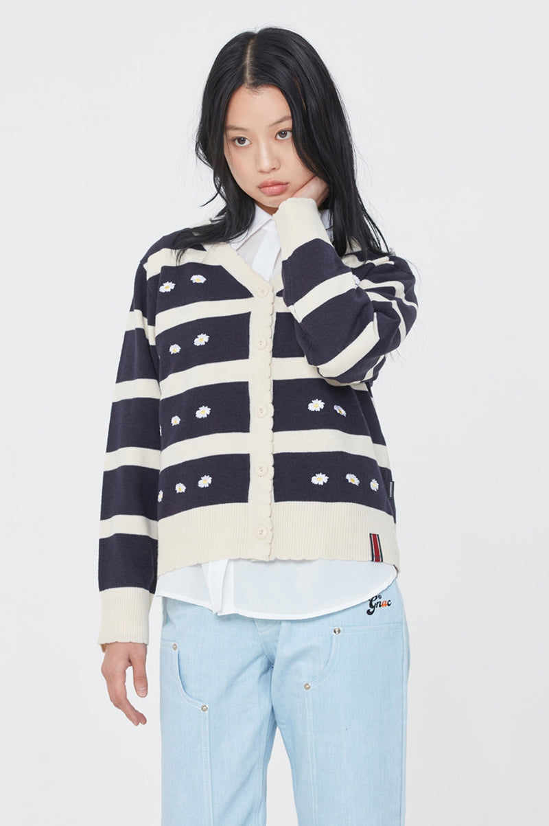 ロマンティッククラウン(ROMANTIC CROWN) STRIPE FRILL KNIT CARDIGAN_NAVY