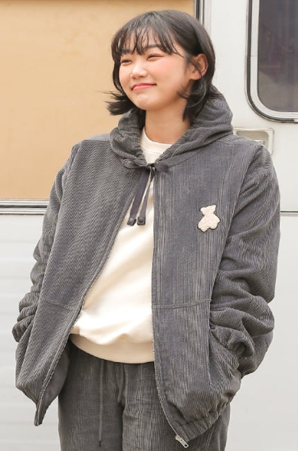 AQO_studiospace(アコスタジオスペース)  AQO BEAR LOGO CORDUROY ZIP-UP CHARCOAL