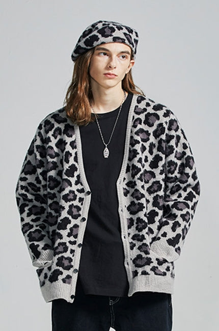 セイントペイン(SAINTPAIN)  SP Semi Over Leopard Cardigan-Gray