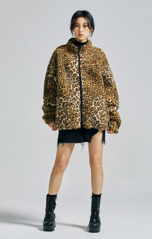 セイントペイン(SAINTPAIN)  SP Leopard Boa Fleece Zip Up Jacket-Yellow
