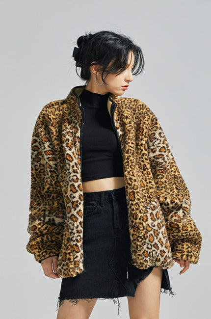 セイントペイン(SAINTPAIN)  SP Leopard Boa Fleece Zip Up Jacket-Yellow