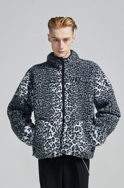 セイントペイン(SAINTPAIN)  SP Leopard Boa Fleece Zip Up Jacket-Gray