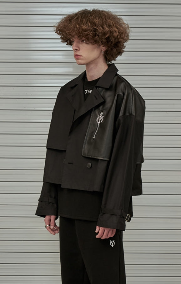 オーワイ(OY) CROP LEATHER MIX TRENCH JACKET-BLACK