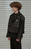 オーワイ(OY) CROP LEATHER MIX TRENCH JACKET-BLACK