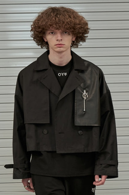 オーワイ(OY) CROP LEATHER MIX TRENCH JACKET-BLACK