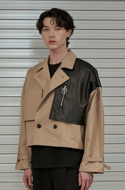 オーワイ(OY) CROP LEATHER MIX TRENCH JACKET-BEIGE