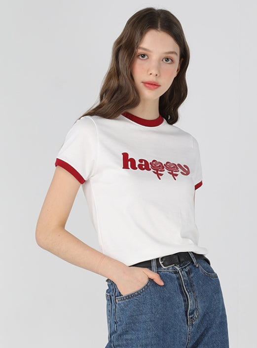 ワンダービジター(WONDER VISITOR)  Happy two-tone crop T shirts [Red]