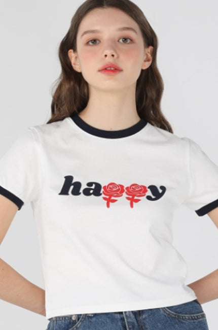 ワンダービジター(WONDER VISITOR)  Happy two-tone crop T shirts [Navy]