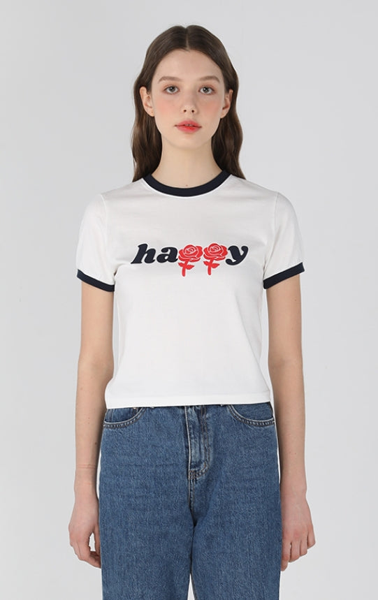 ワンダービジター(WONDER VISITOR)  Happy two-tone crop T shirts [Navy]