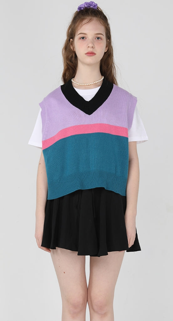 ワンダービジター(WONDER VISITOR)  Striped crop knit vest [Lilac]