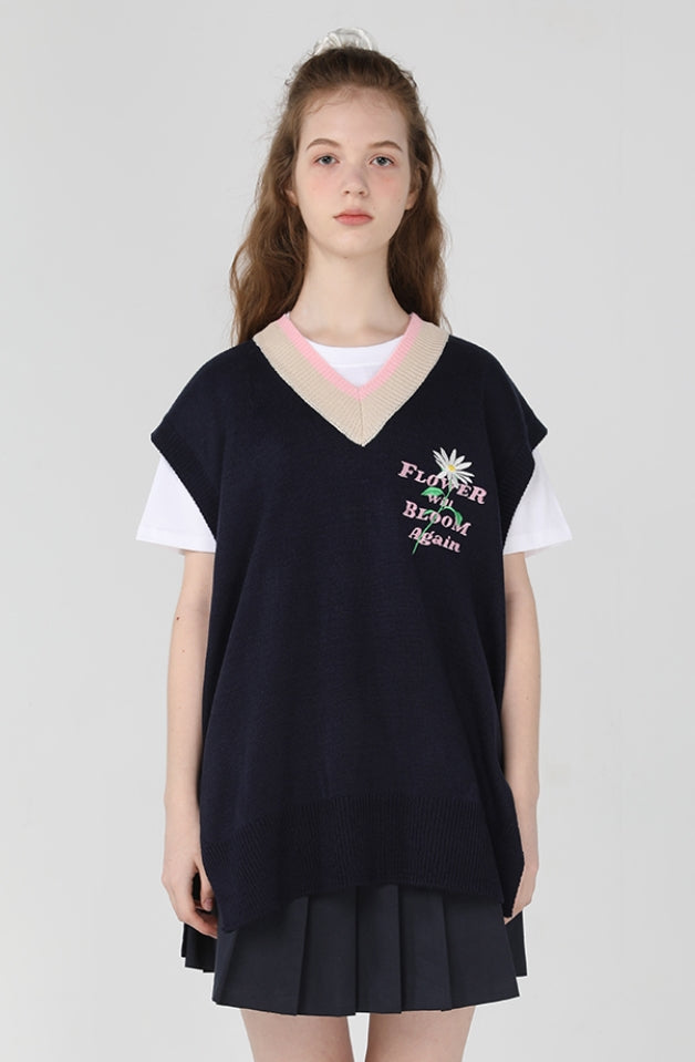 ワンダービジター(WONDER VISITOR)  FWBA embroidery knit vest [Navy]