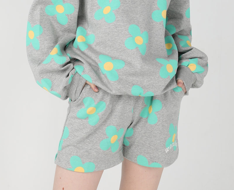 ワンダービジター(WONDER VISITOR)  Green flower pattern Shorts [Melange grey]