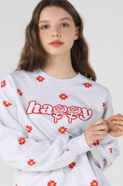 ワンダービジター(WONDER VISITOR)  Red flower pattern Sweat-shirt [Light grey]