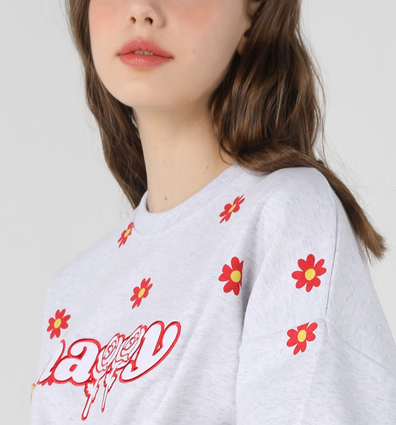 ワンダービジター(WONDER VISITOR)  Red flower pattern Sweat-shirt [Light grey]