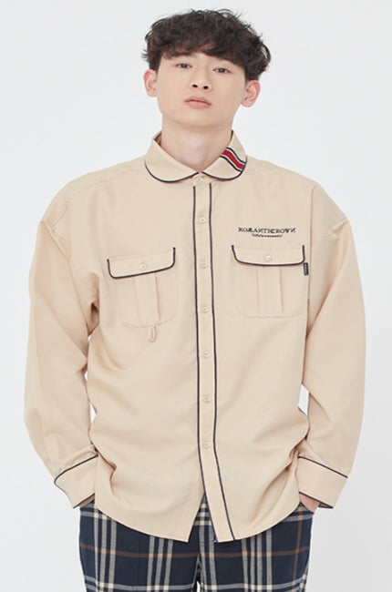 ロマンティッククラウン(ROMANTIC CROWN) ROUND COLLAR PIPING SHIRT_BEIGE
