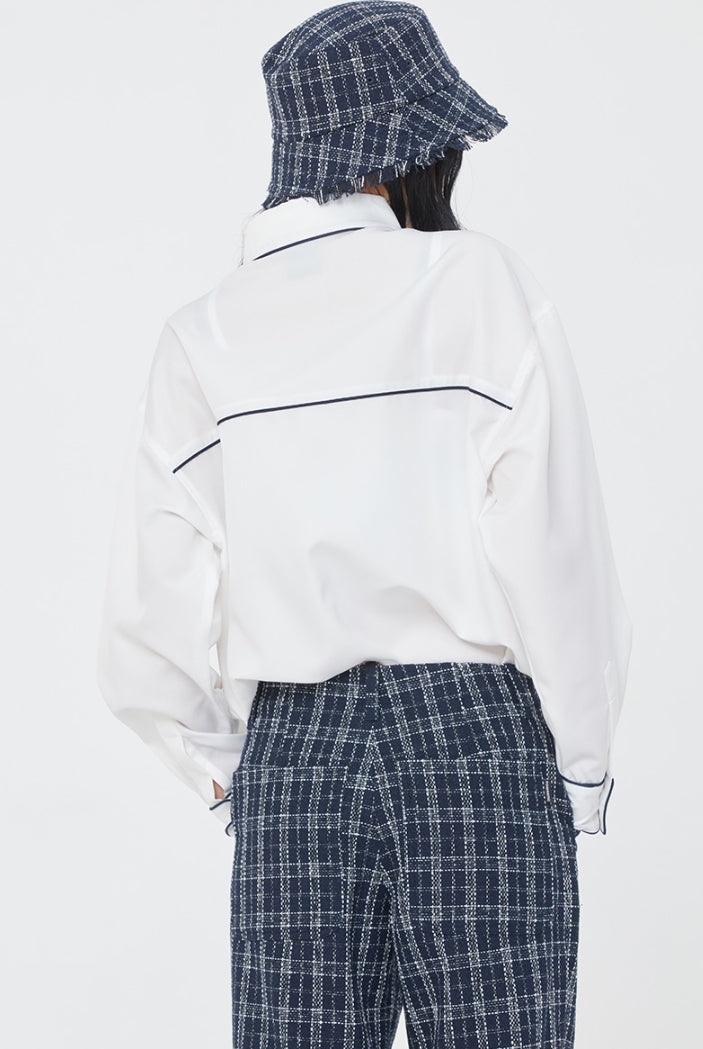 ロマンティッククラウン(ROMANTIC CROWN) ROUND COLLAR PIPING SHIRT_WHITE