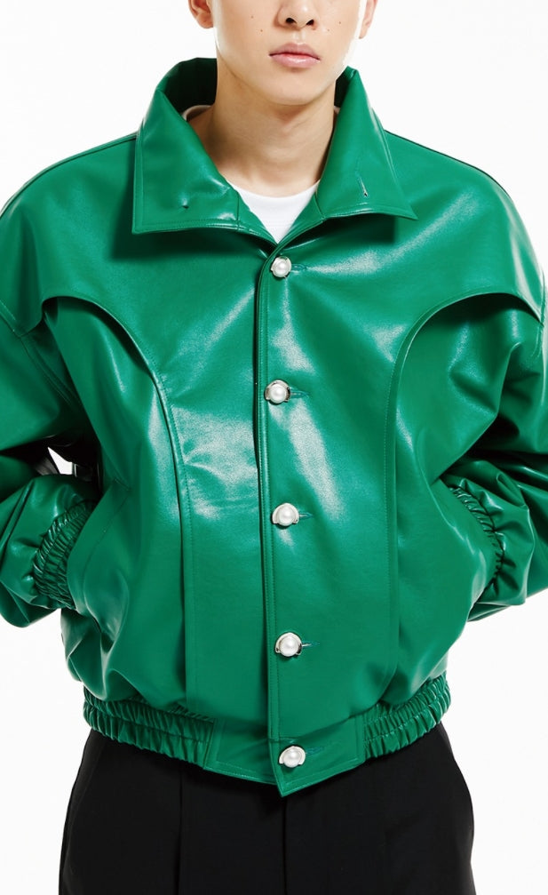 イーエスシースタジオ(ESC STUDIO) Leather crop bomber jacket (green)