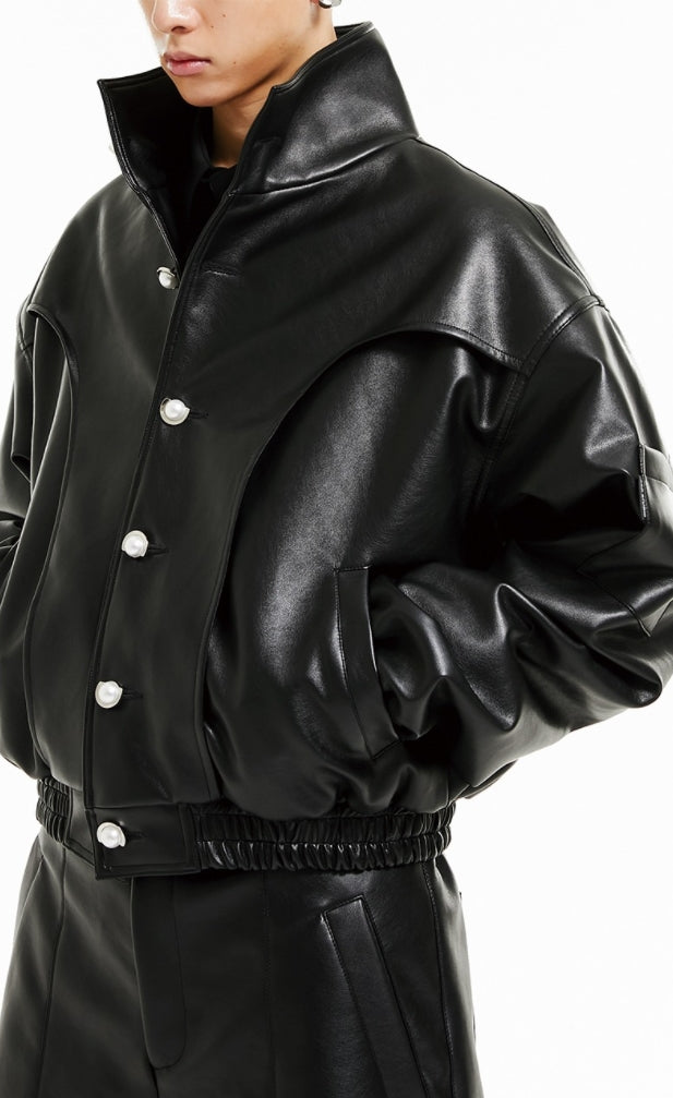 イーエスシースタジオ(ESC STUDIO) Leather crop bomber jacket (black