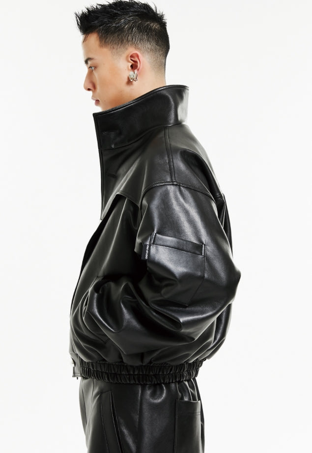 イーエスシースタジオ(ESC STUDIO) Leather crop bomber jacket (black