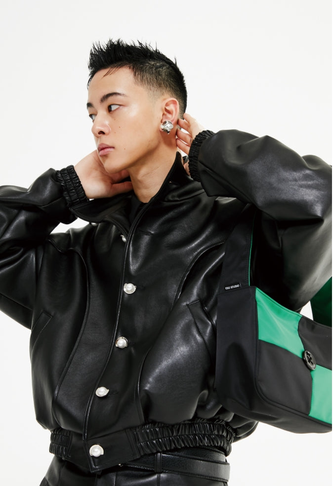 イーエスシースタジオ(ESC STUDIO) Leather crop bomber jacket (black