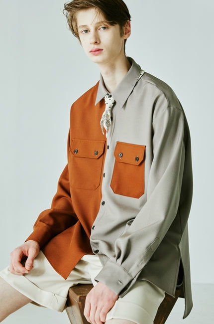 SSY(エスエスワイ) Half & half solid pocket shirt brown