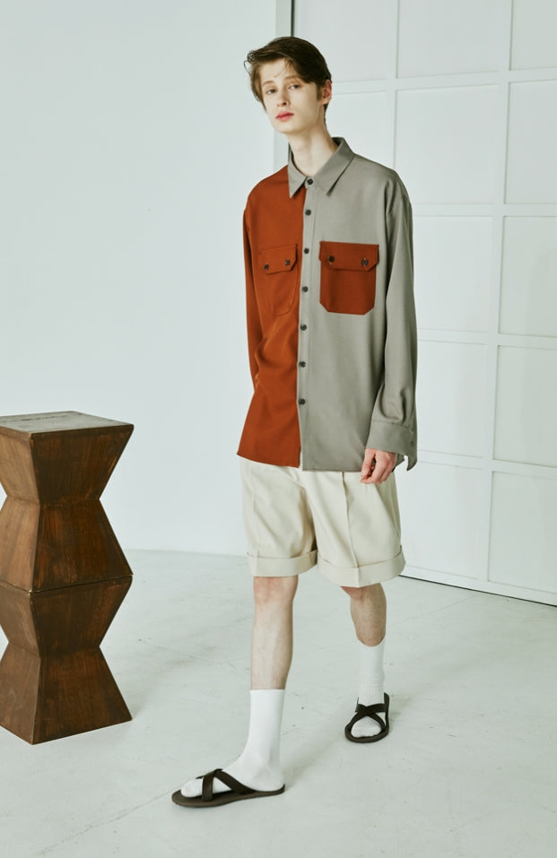 SSY(エスエスワイ) Half & half solid pocket shirt brown