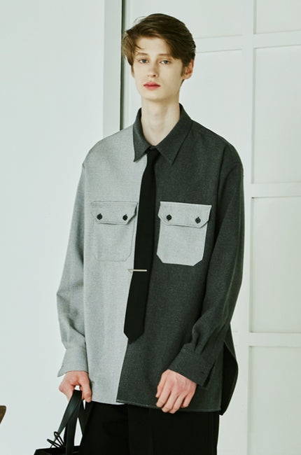 SSY(エスエスワイ) Half & half solid pocket shirt grey