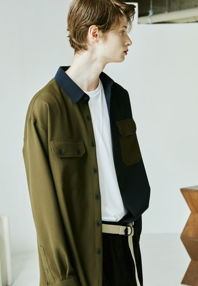 SSY(エスエスワイ) Half & half solid pocket shirt khaki
