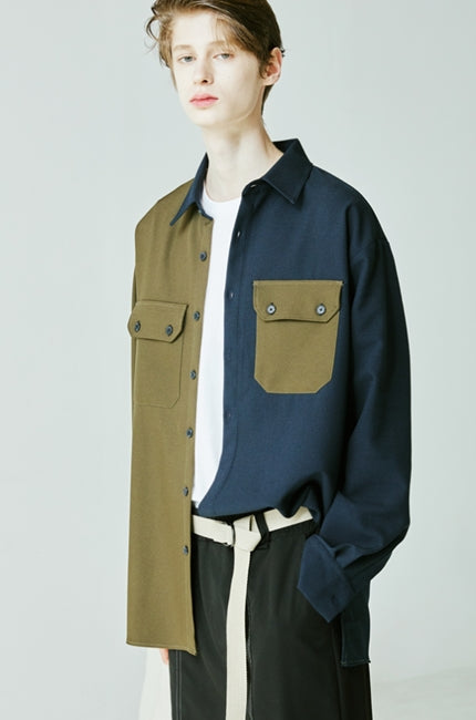 SSY(エスエスワイ) Half & half solid pocket shirt khaki