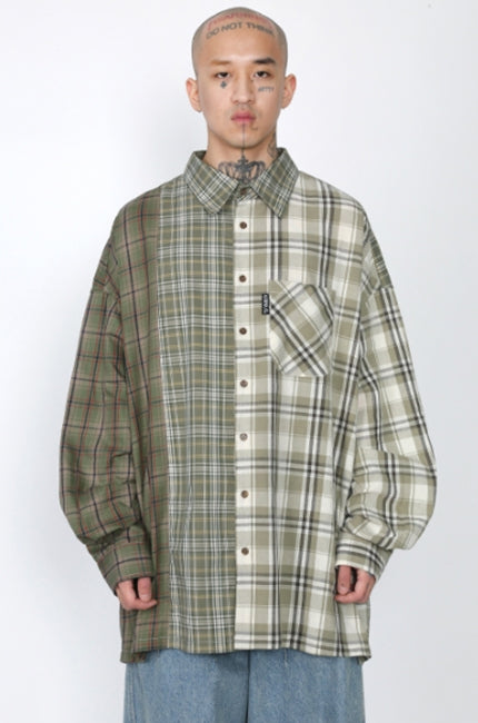 アジョバイアジョ（AJOBYAJO) Over Check Mixed Shirt [Green]